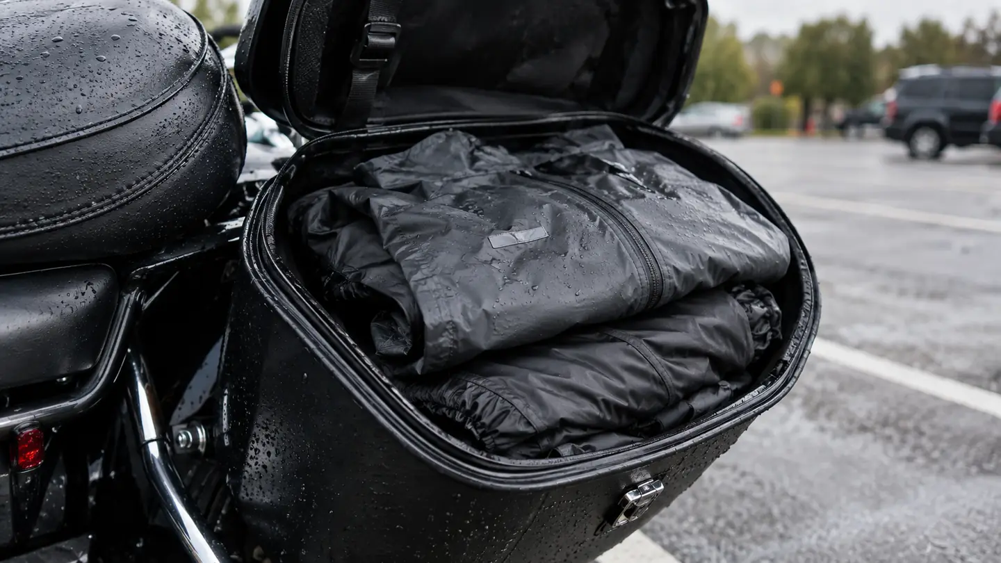 Folded rain suit packed into a motorcycle saddlebag with rain droplets on the bag