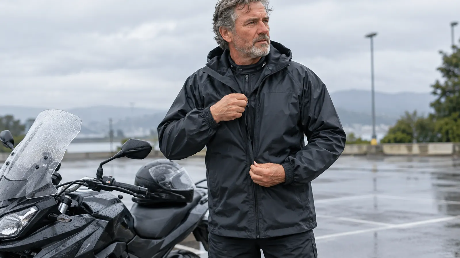 A rider zipping a rain jacket closed over a motorcycle jacket