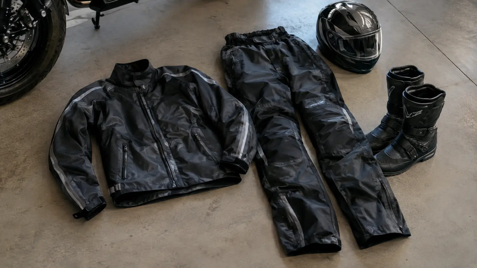 A rain suit jacket and pants laid out on a garage floor next to motorcycle boots